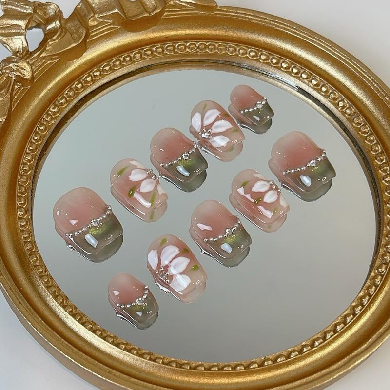 Green Frenchie Nail Empire | 10-Piece Set | High-Quality Acrylic Nails in Various Shapes: Almond, Short, Square, and Coffin