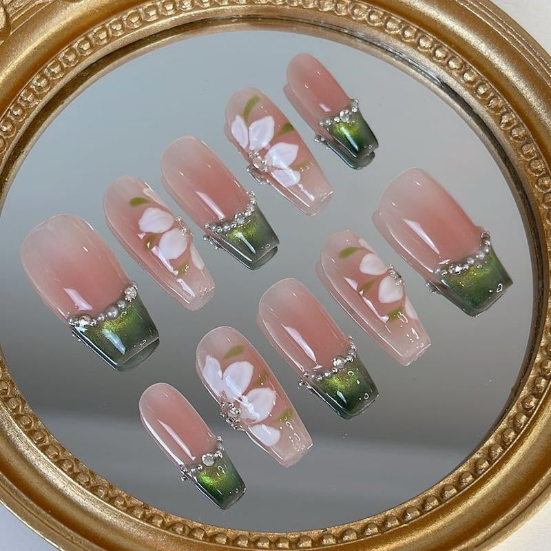 Green Frenchie Nail Empire | 10-Piece Set | High-Quality Acrylic Nails in Various Shapes: Almond, Short, Square, and Coffin