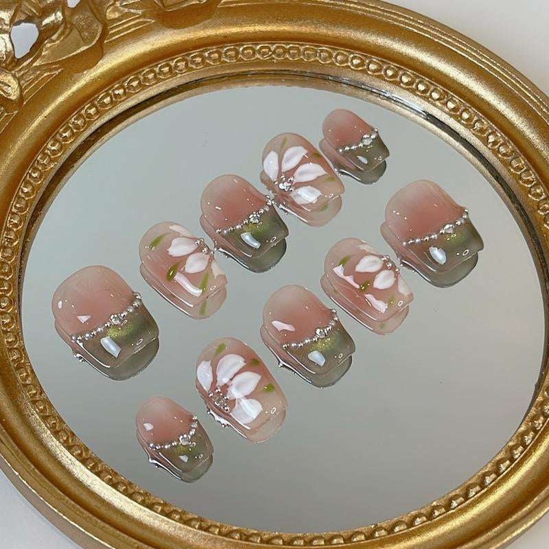 Green Frenchie Nail Empire | 10-Piece Set | High-Quality Acrylic Nails in Various Shapes: Almond, Short, Square, and Coffin