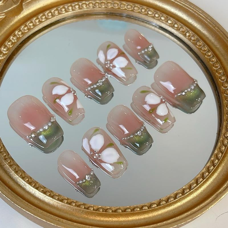 Green Frenchie Nail Empire | 10-Piece Set | High-Quality Acrylic Nails in Various Shapes: Almond, Short, Square, and Coffin