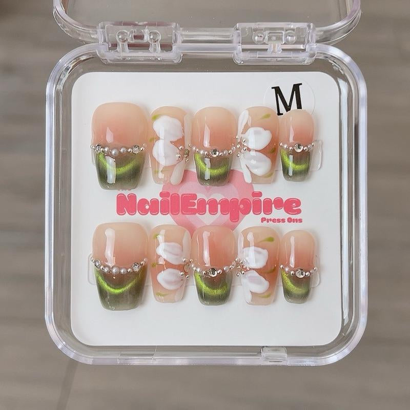 Green Frenchie Nail Empire | 10-Piece Set | High-Quality Acrylic Nails in Various Shapes: Almond, Short, Square, and Coffin