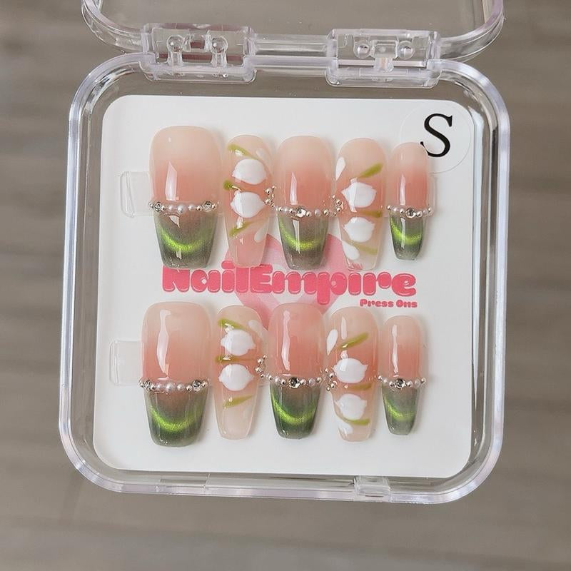 Green Frenchie Nail Empire | 10-Piece Set | High-Quality Acrylic Nails in Various Shapes: Almond, Short, Square, and Coffin