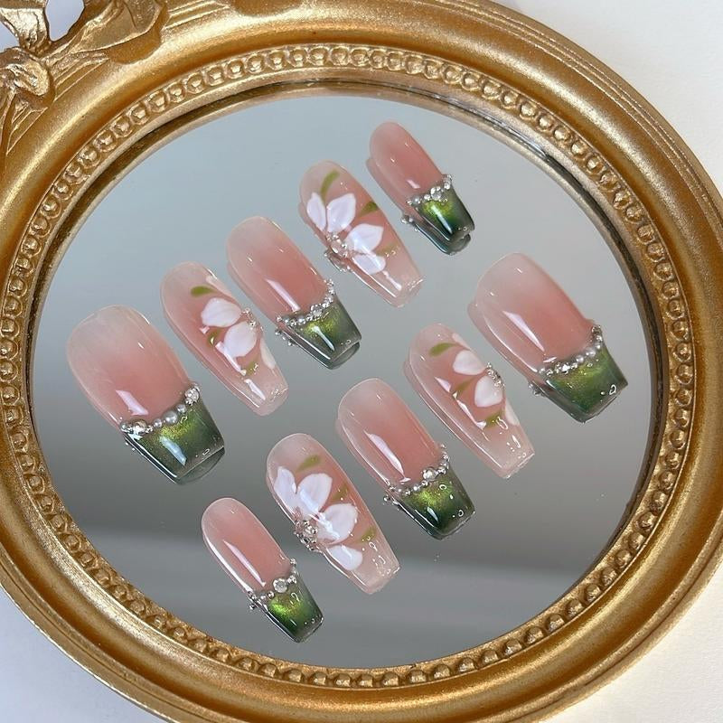 Green Frenchie Nail Empire | 10-Piece Set | High-Quality Acrylic Nails in Various Shapes: Almond, Short, Square, and Coffin