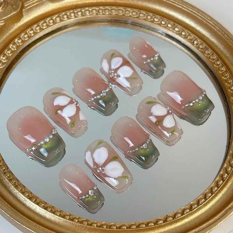 Green Frenchie Nail Empire | 10-Piece Set | High-Quality Acrylic Nails in Various Shapes: Almond, Short, Square, and Coffin